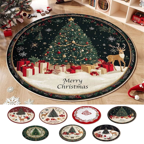 EaskTriop Christmas Round Area Rug, Christmas Tree Printed Floor Mat, Non Slip Soft Carpet for Living Room Holiday Home Decor