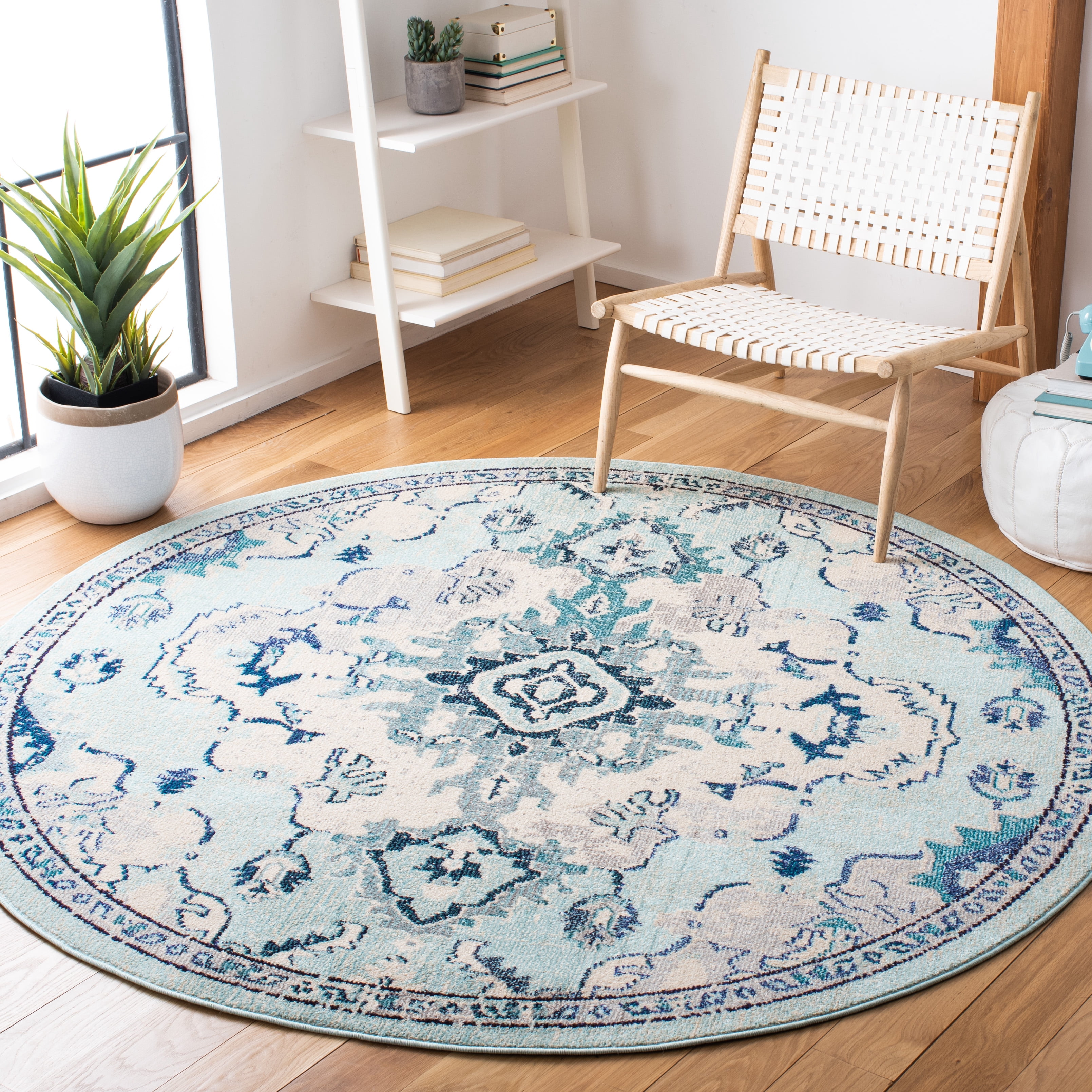 SAFAVIEH Madison Elinor Traditional Distressed Area Rug, Teal/Beige, 6'7" x 6'7" Round