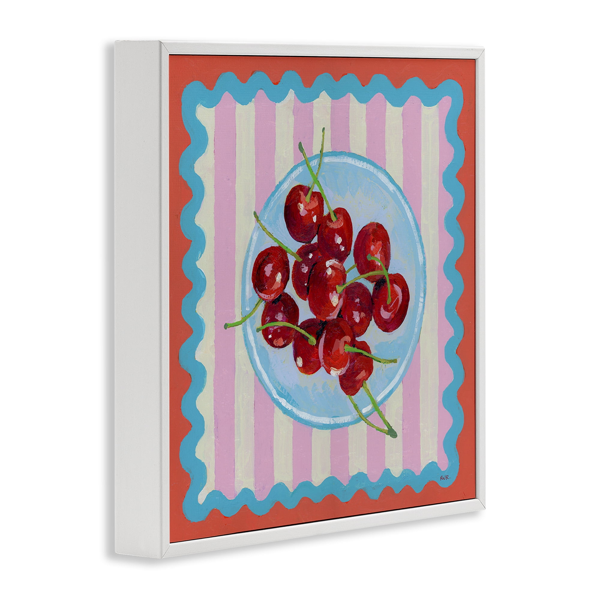 Stupell Industries Red Cherries over Pink Stripes White Framed Giclee Art, design by Rachael Reese