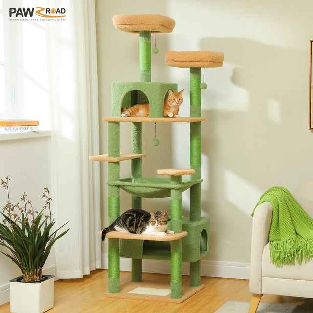 PAWZ Road 72 inch Large Cat Tree Tower with Sisal Scratching Posts and 2 Condos for Indoor Cats Green