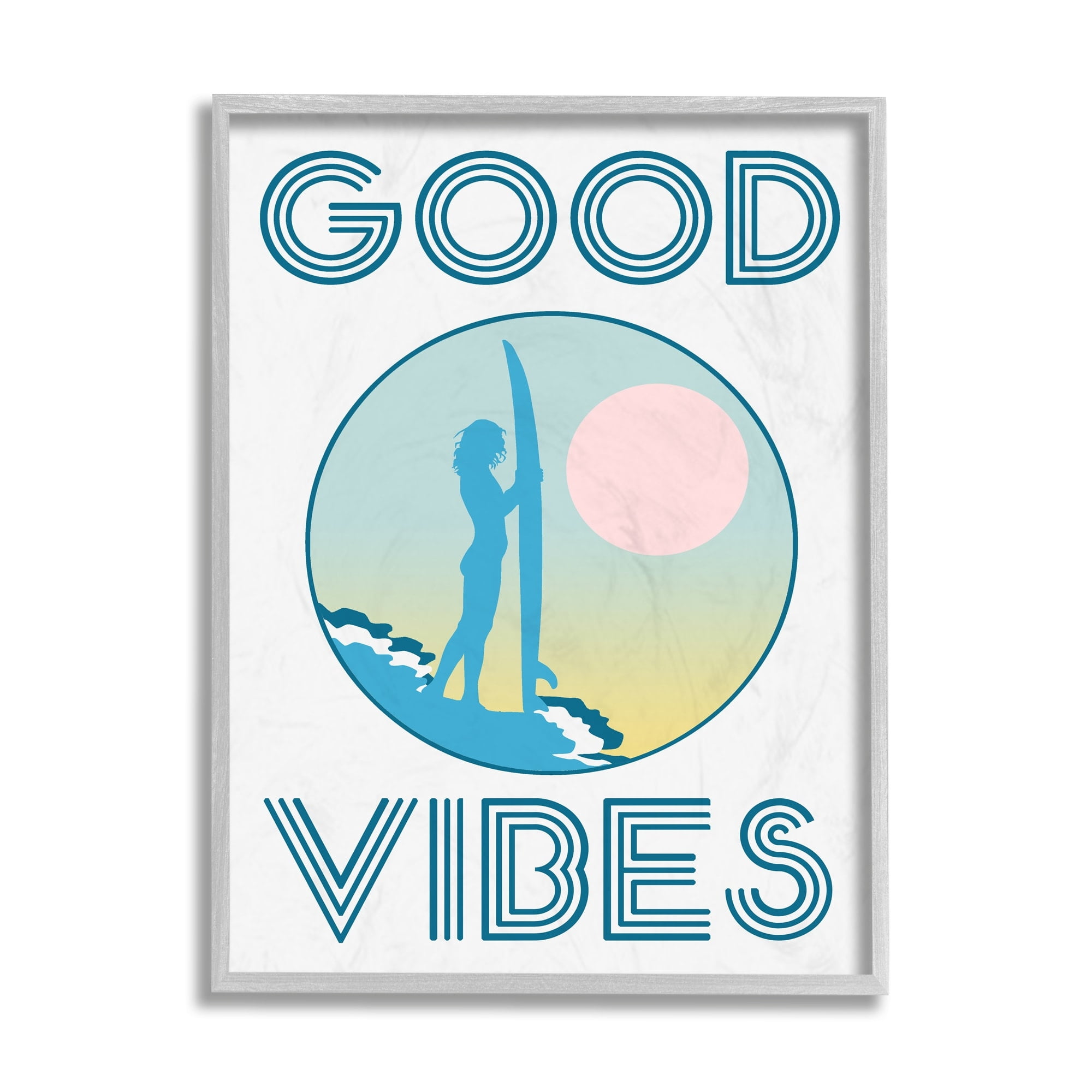 Stupell Industries Good Vibes Text Blue Surfer Chick Sunset Gray Framed by Daphne Polselli