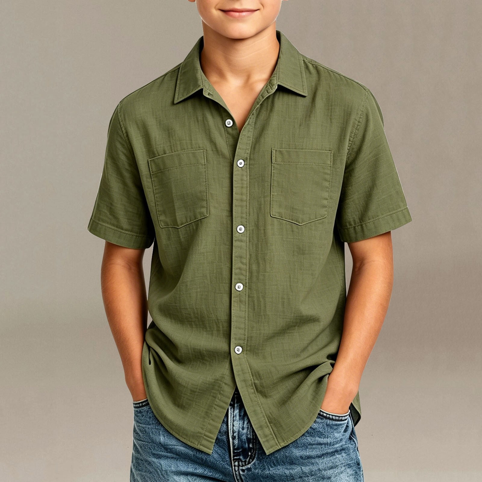 Oiangi Boys Cotton Linen Tops Short Sleeve Button Down Shirts Casual Solid Color School Uniform Army Green 7 Years