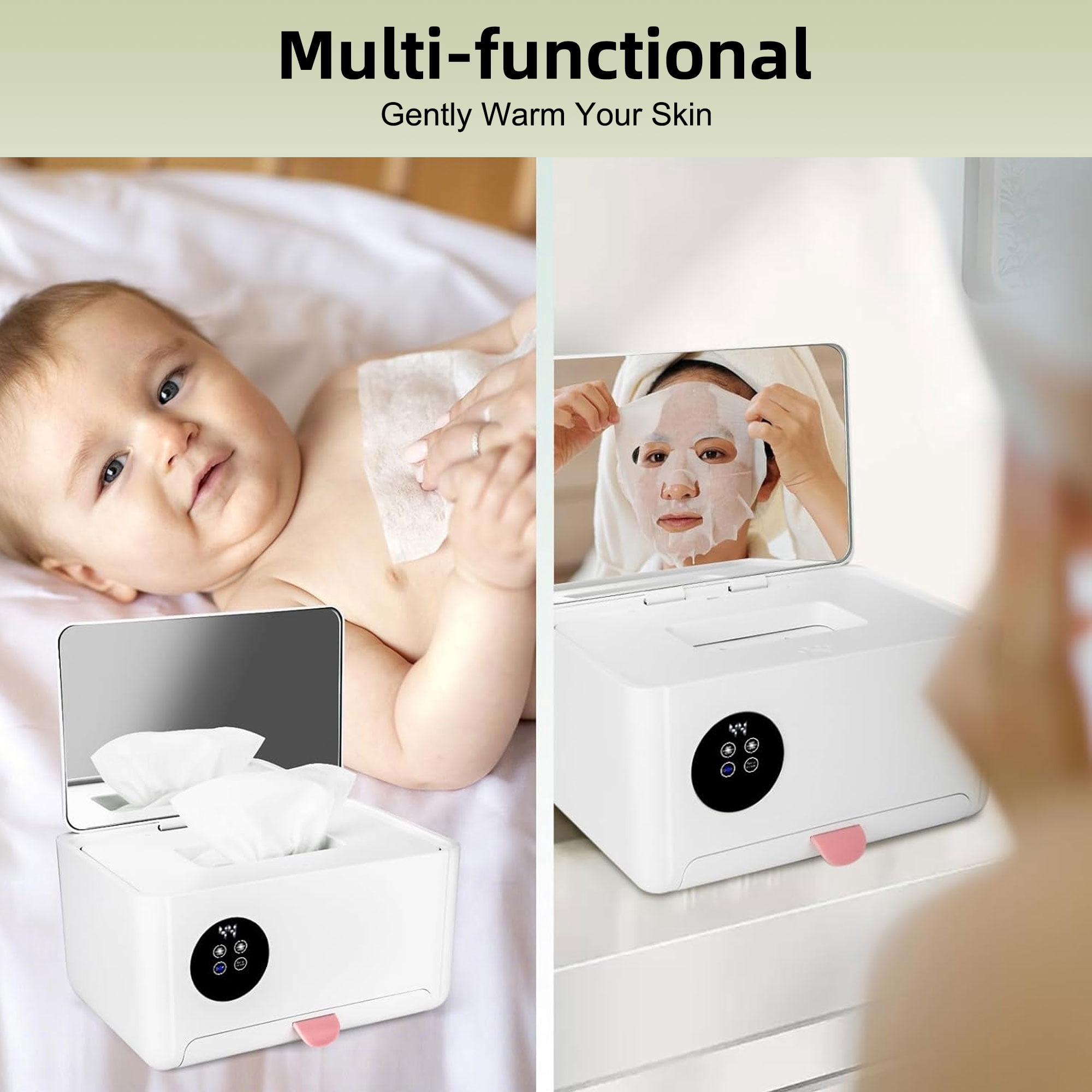 INSMART Baby Wipe Warmer, Baby Wipe Dispenser Box with Spring Design, 4 Modes Temperature, Dual Heating Chambers for Diaper, Facial Mask