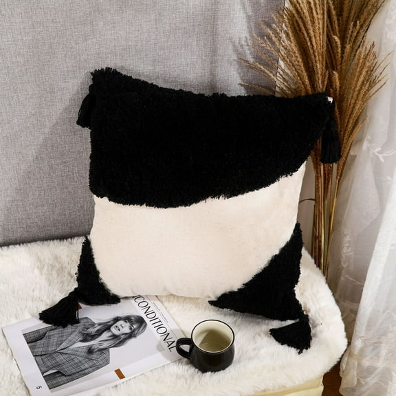 40X40cm，18 x 18 inches，Woven tufted farmhouse bohemian style pillowcase, modern decoration multi-color geometric stripe pillowcase, with tassels, suitable for sofas, bedrooms, living rooms