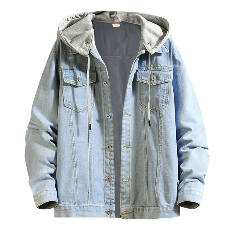 Pgeraug for men Spring And Leisure Solid Color Buckle Hooded Denim Jacket  Coat jackets for men Light Blue 3XL | Übergangsjacken