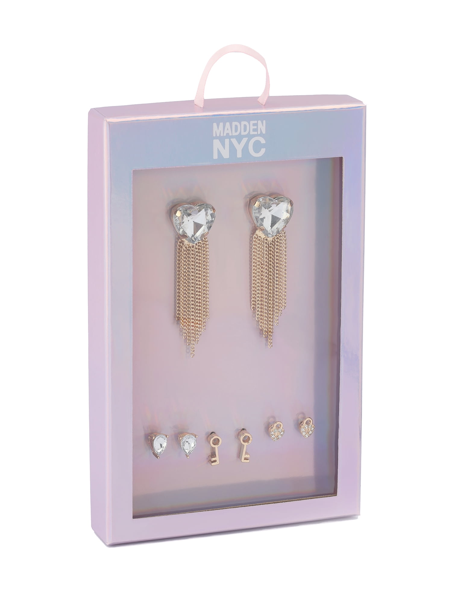 Madden NYC Women's Fashion Gold Stone Heart Fringe Drop & Stud Earring 4-Piece Giftable Boxed Statement Set
