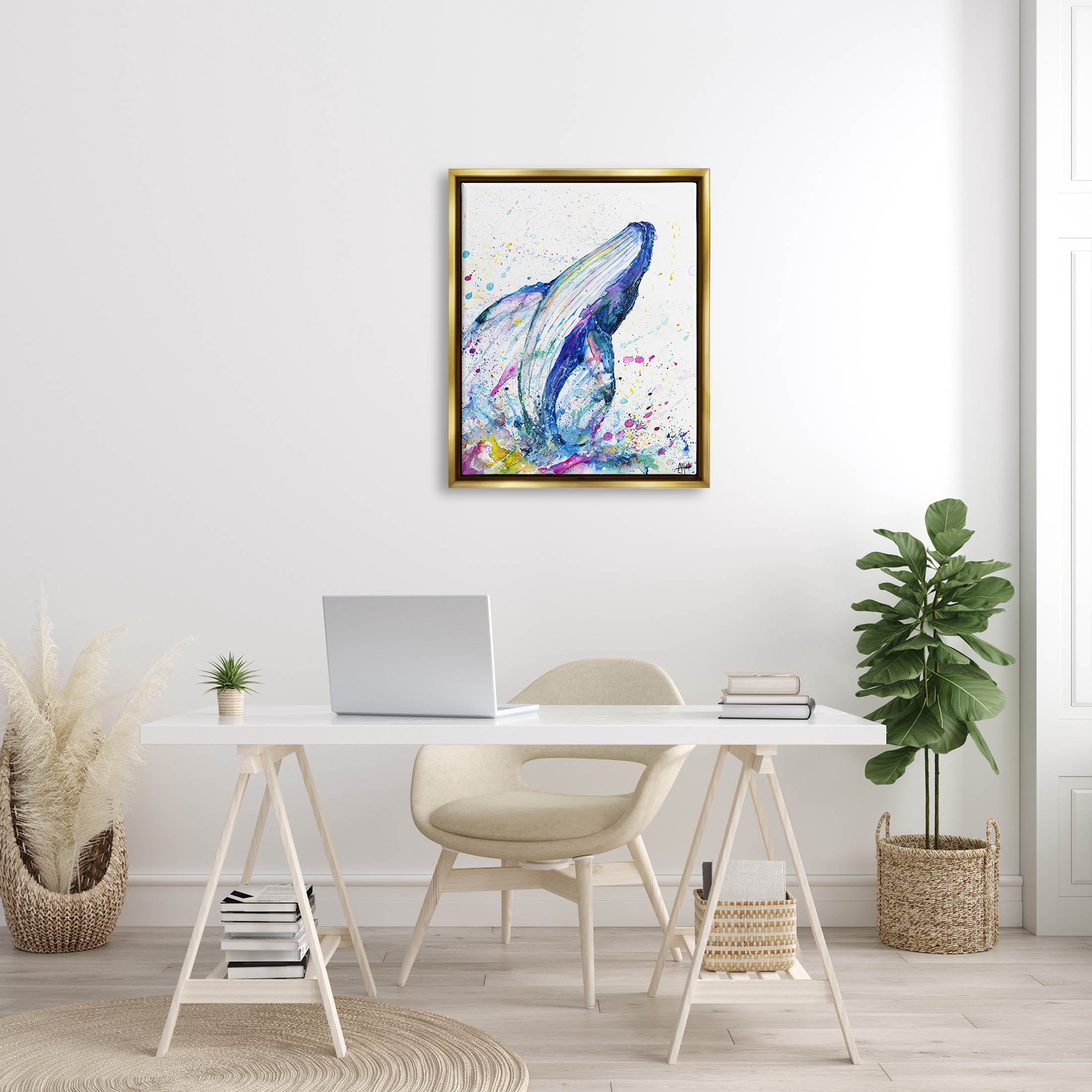 Splashing Whale Bubbles Marine Animals & Insects Graphic Art Metallic Gold Framed Art Print Wall Art