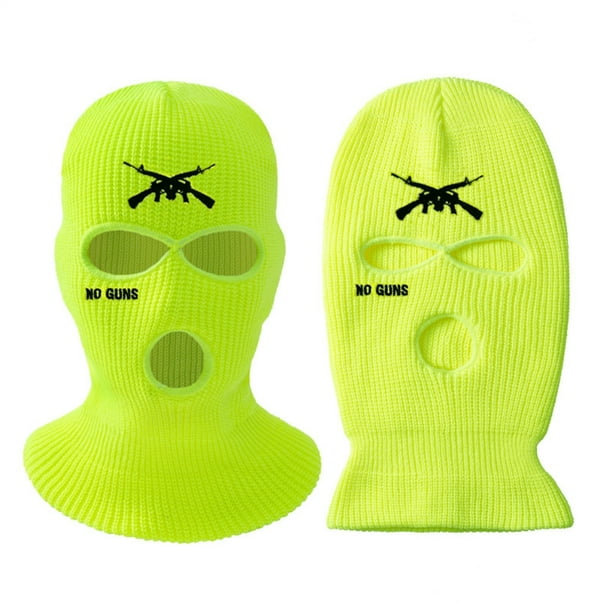 Gorro de punto con 3 agujeros, cubierta para la cara bordada con letras, cubierta cálida para la cara de esquí para ciclismo al aire libre, esquí, correr, amarillo fluorescente