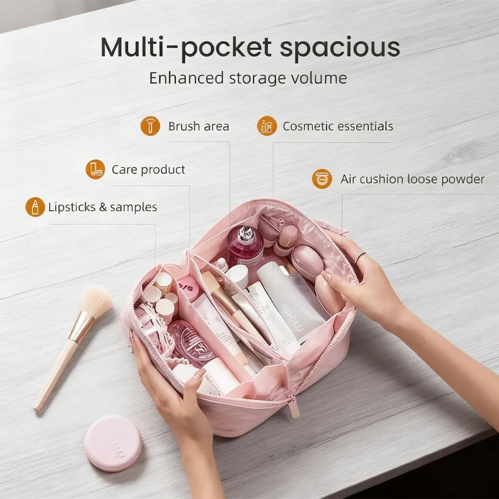 2026 New Travel Makeup Bag for Women - 180° Open with Mirror, 5 Dedicated Pockets, Leak-Proof Odor-Resistant Cosmetic Organizer for Travel & Daily Use
