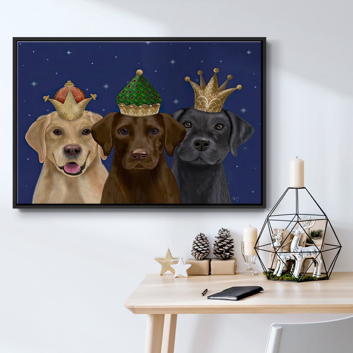 Christmas Labradors, Three Kings - Framed Gallery Wrapped Holiday Canvas - 25 x 37 - Black Frame
