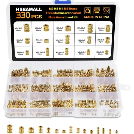 

HSEAMALL 330PCS Female Thread Knurled Brass Threaded Insert Kit M2 M3 M4 M5 Embedment Nuts Inserts Assortment Kit for 3D Prints