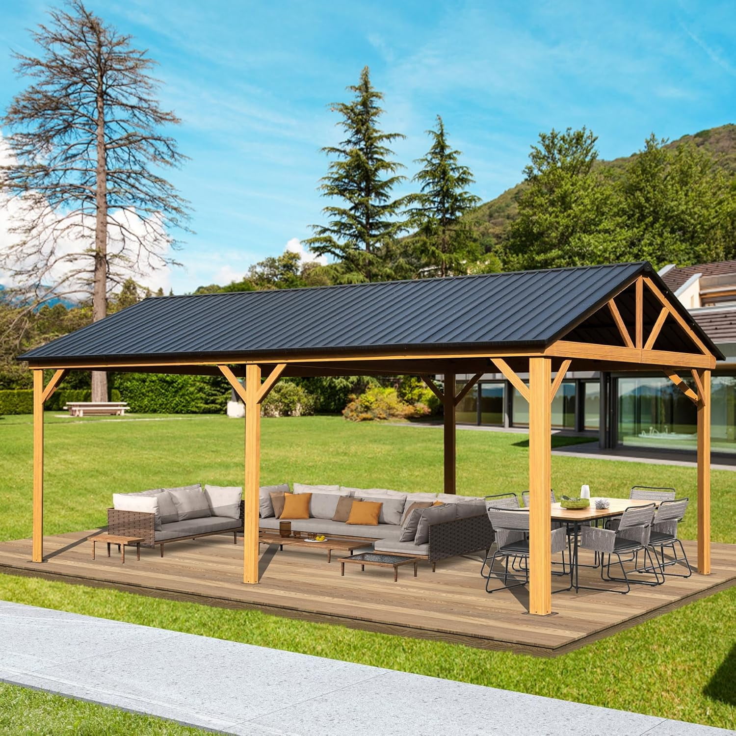 TOTAL 12' X 20' Hardtop Gazebo with Galvanized Steel Gable Roof and Wood Grain Aluminum Frame, Outdoor Permanent Gazebo Pavilion for Patio, Garden, Deck and Backyard
