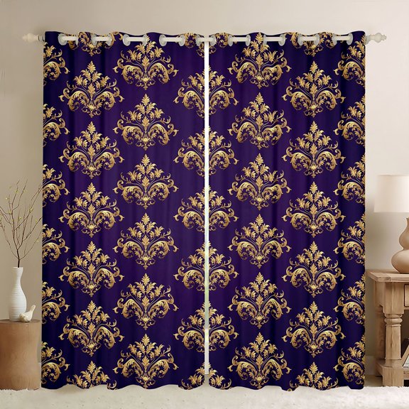 Homewish Rustic Victorian Flower Blackout Curtains Set of 2 (52x84 Each),Baroque Pattern Window Curtains,Gold Damask Print Curtains and Drapes For Adult,Luxury Bedroom Decor