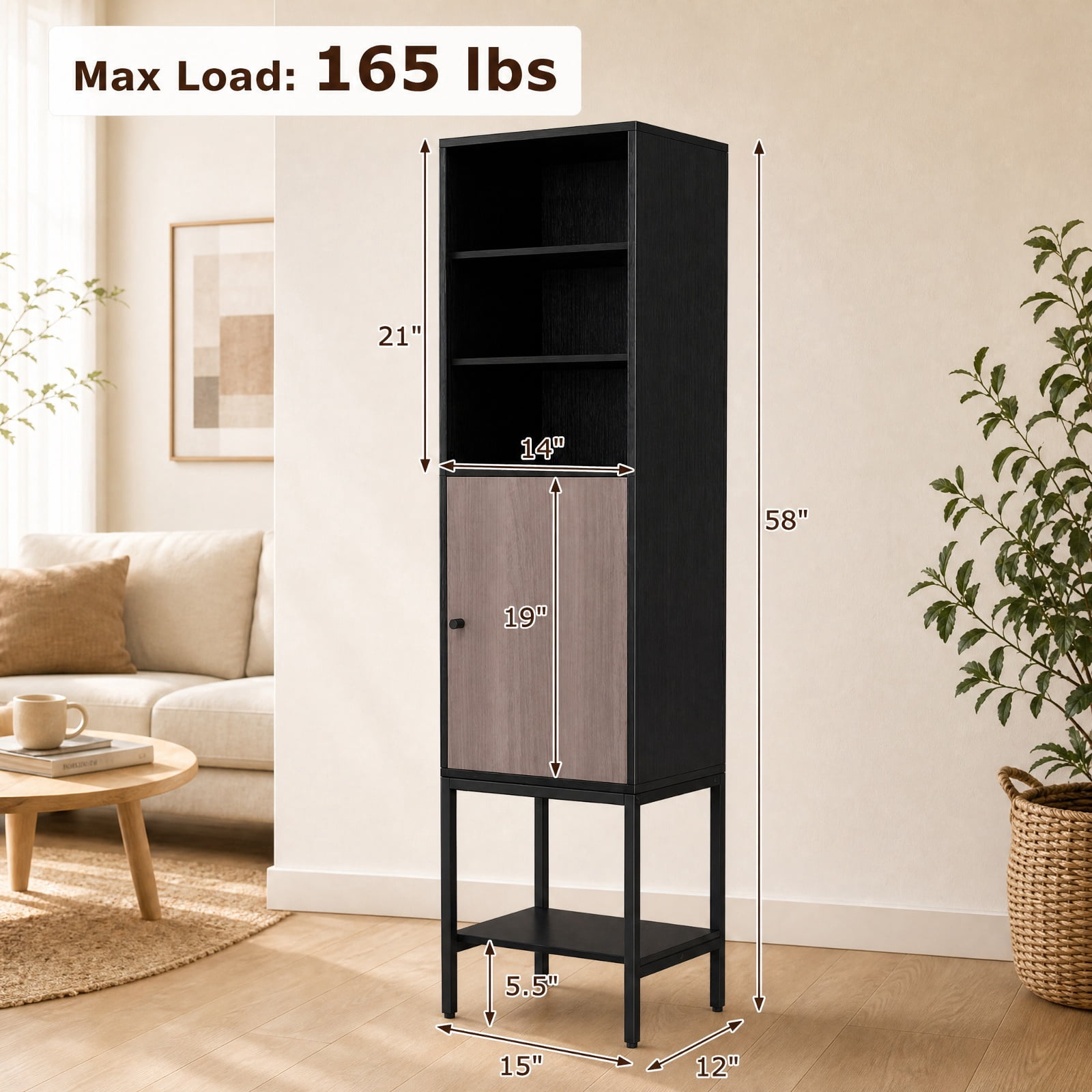 Vebreda Freestanding Bathroom Storage Cabinet, 57 Inch Bathroom Tall Cabinet with 1 Door and 4 Shelves Narrow Storage Unit with Adjustable