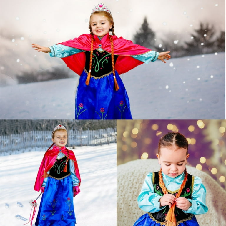 Jurebecia Frozen Anna Princess Snow Party Long Sleeve Dress Cosplay up Blue with Accessories 9 10 Years