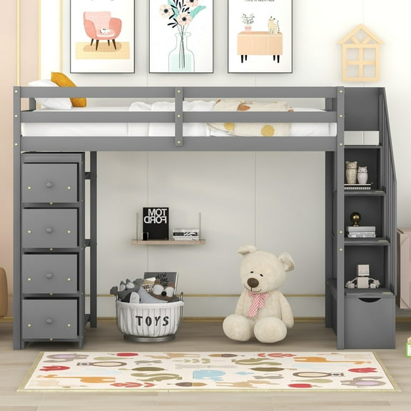Twin Wood Loft Bed with Storage Drawers, Stairs and Guard Rail, Loft Bed with Shelves, Loft Bed for Teenagers, Multiple Functions Bed(Gray)