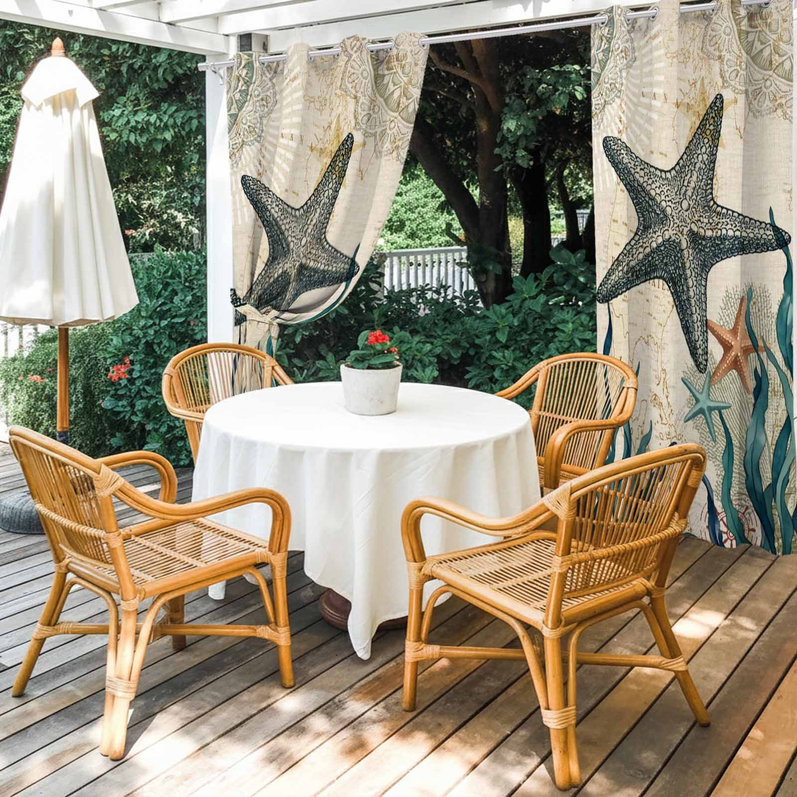 Rustic Ocean Starfish Outdoor Curtains for Patio, Country Nautical Coastal Beach Seaweed Sand Dollar Sunshade Privacy Drapes Grommet Waterproof Outside Curtains for Porch Balcony 54"x108", 1 Panel