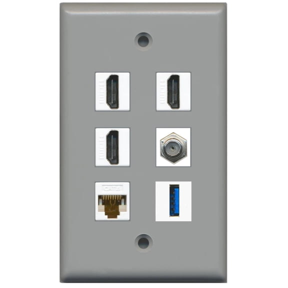 Ultra Spec Cables 3 Port HDMI Coax Cat6 Ethernet USB Wall Plate Gray w/White Jacks