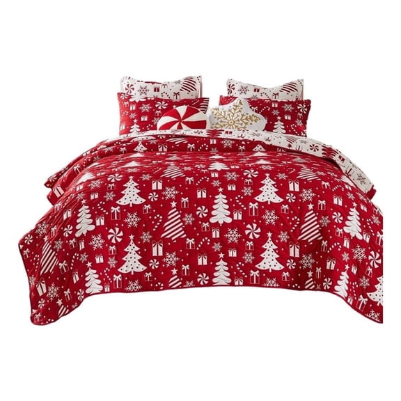 Benjara Daru 3 Piece King Quilt Set- Red and White Polyester- Christmas Theme