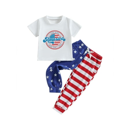 

aturustex 0M 6M 12M 18M 24M 3T Baby Boy 4th of July Clothes Suits Letter Print T-Shirts Tops and Stars Stripe Print Long Pants 2Pcs Set Independence Day