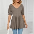thumbnail image 2 of Cethrio Workout Shirts for Women- V- Neck Solid Color Short Sleeve Lapel Blouse Tops Coffee, 2 of 5
