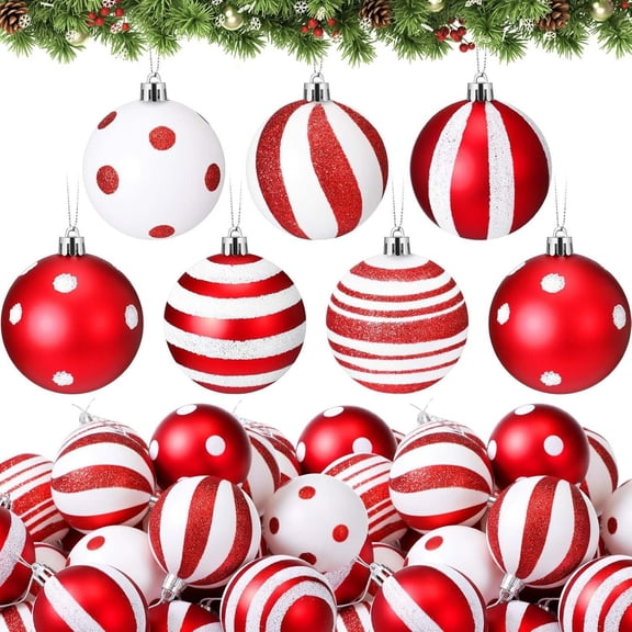 DAMAI 24 Pcs Red and White Christmas Balls Ornaments for Tree 1.2 Inch Peppermint Candy Cane Polka Dot Stripes Christmas Tree Decorations Shatterproof Xmas Baubles for Home Wreath Party Decor