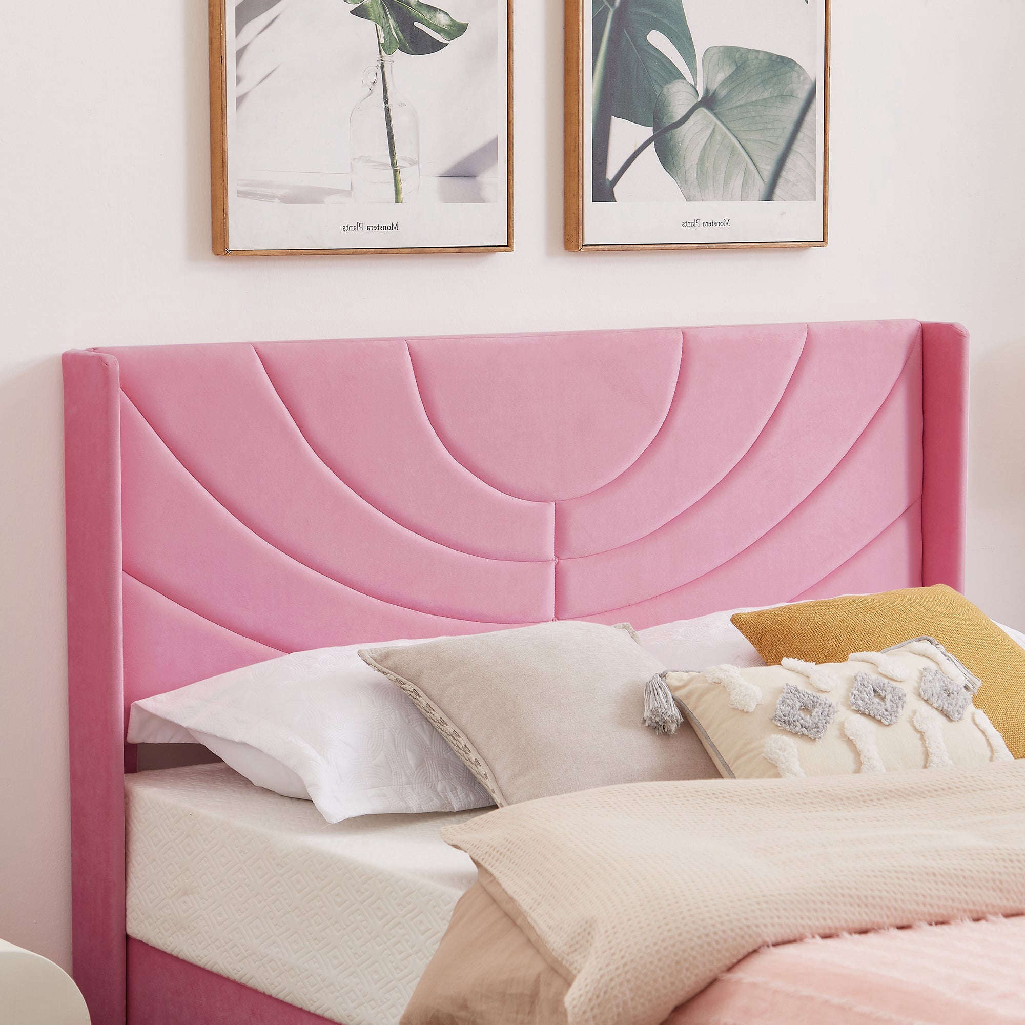 VECELO Upholstered Platform Full Bed Frame with Fabric Headboard,Wooden Slats Support/No Box Spring Needed/Mattress Foundation,Pink