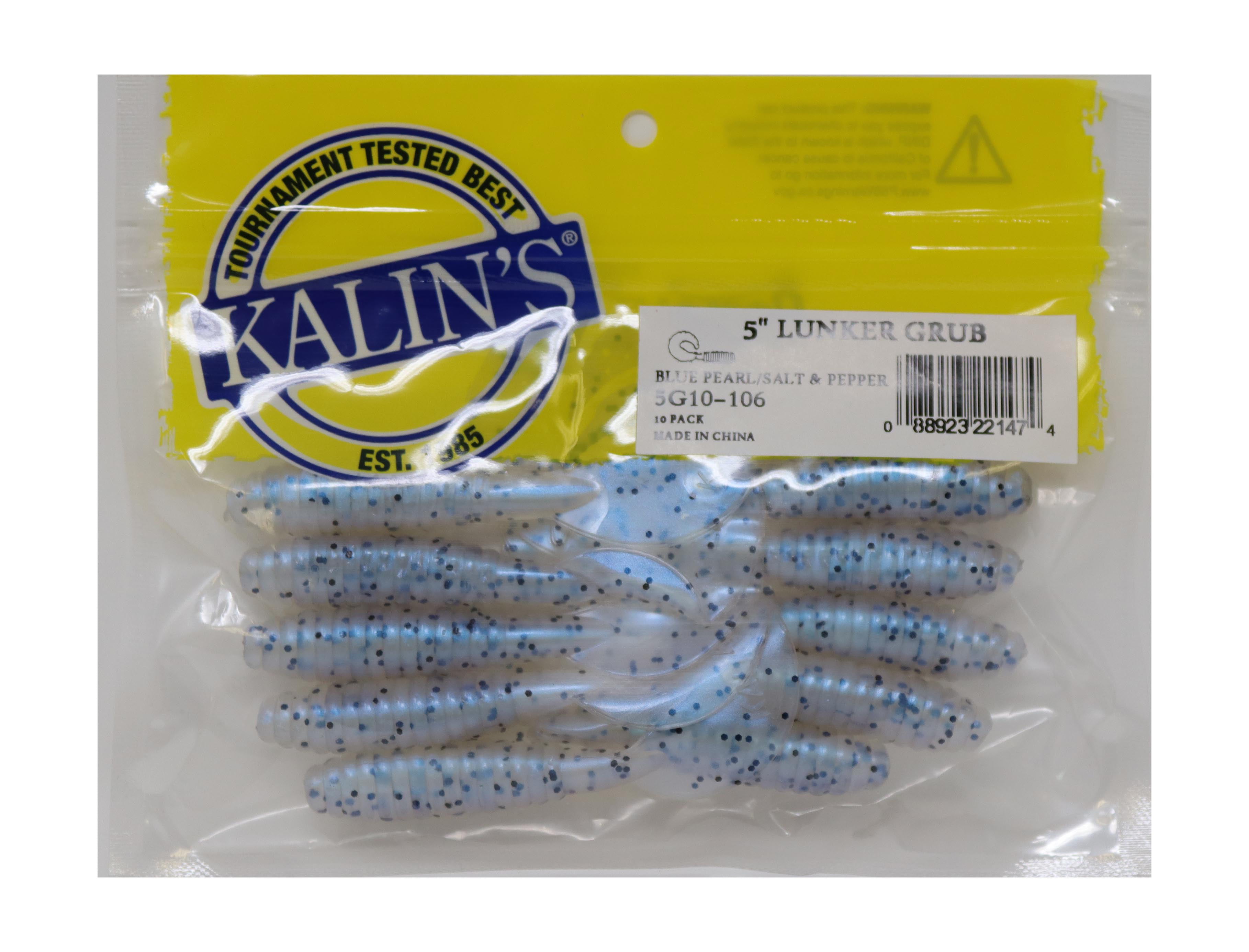 Kalins Freshwater 5 Lunker Soft Plastics Fishing Grub, Blue Pearl Salt and  Pepper Lake, 10pk 