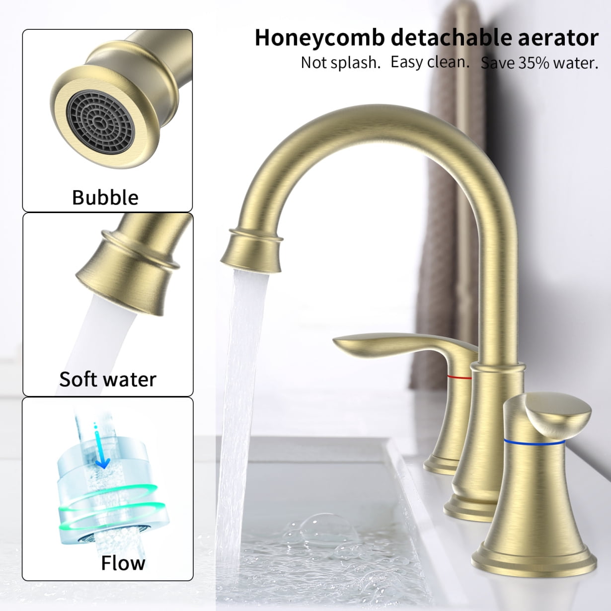 2 Handle 8 Inch Widespread Bathroom Sink Faucet with Pop-Up Drain, High Arc Modern Bathroom Vanity Lavatory Faucet 3 Holes with Brass 360° Swivel Spout, Gold