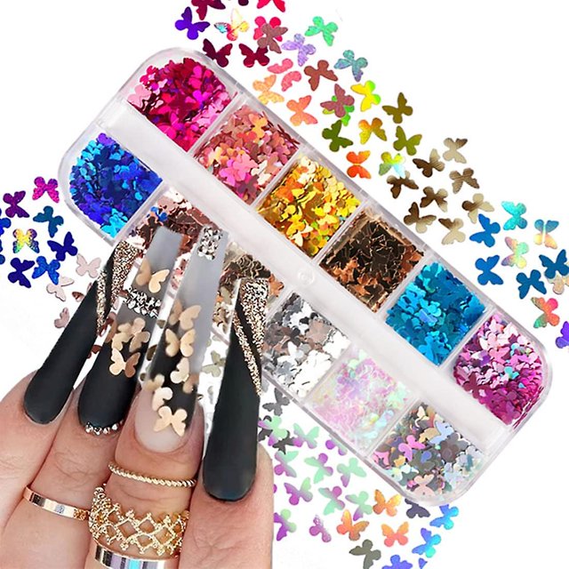 Mariposa Nail Art Glitter Lentejuelas 12 Colores 3d Holográficas Mariposa Calcomanías De Uñas Escamas Para Uñas Acrílicas Paillettes De Manicura Brillos Ultrafinos Para Uñas