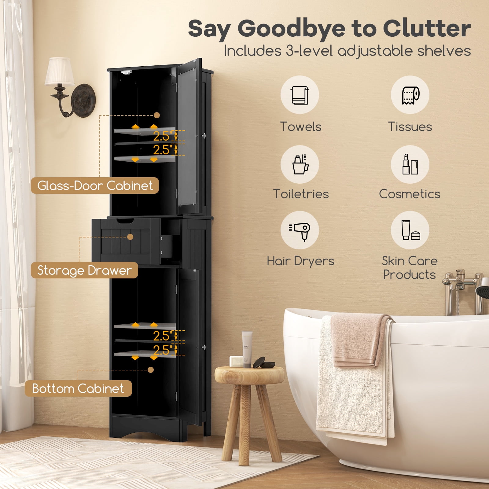 Giantex Tall Bathroom Storage Cabinet, Narrow Slim Linen Tower, Freestanding Floor Cabinet, Black