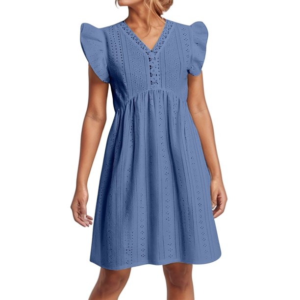 Vestido informal de color liso para mujer con mangas colgantes de encaje y mini falda - Poliéster, diseño con volantes y cuello en V, apto para mujeres embarazadas