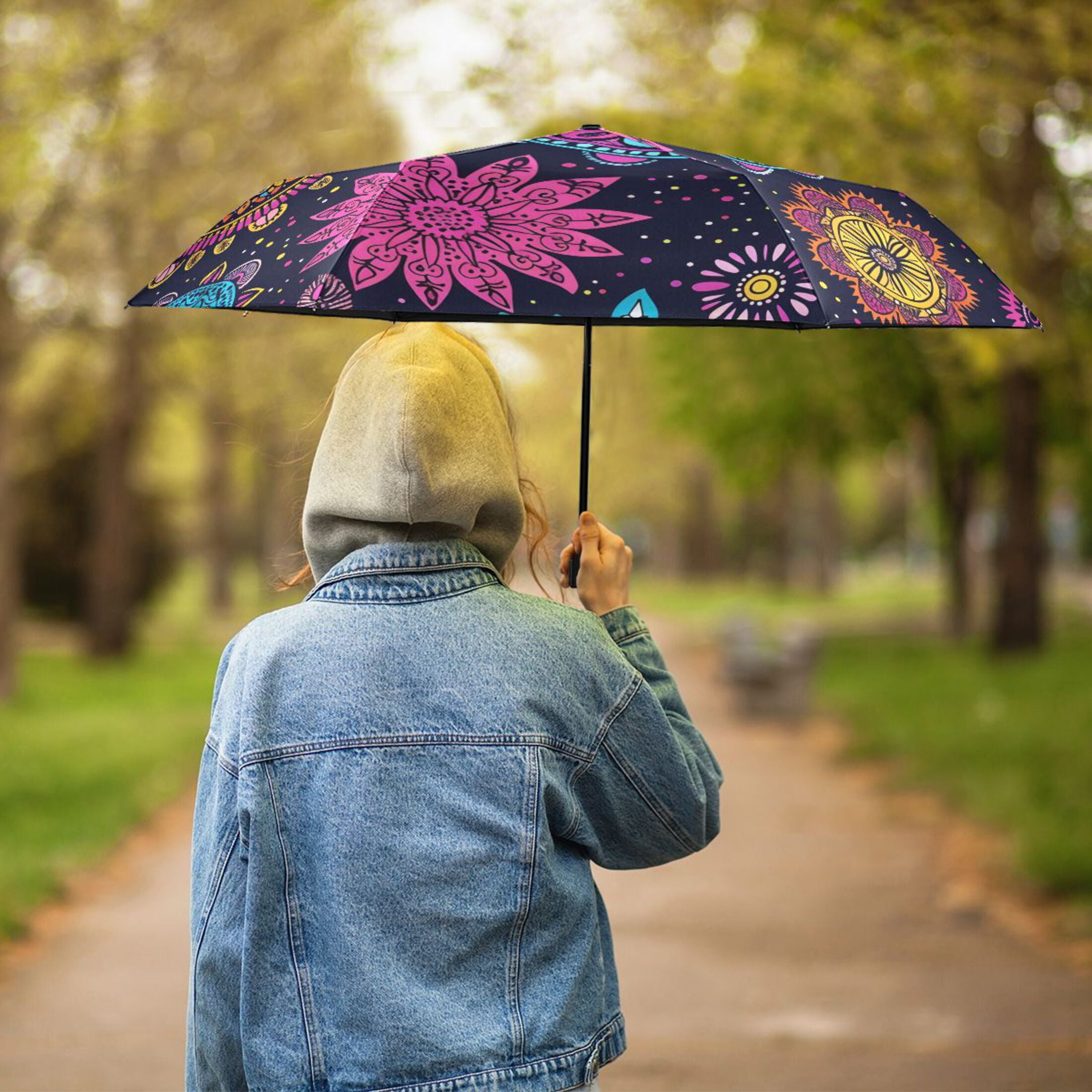 ALAZA Bohemian Mandala Flower UPF 50+ Compact Folding Umbrella for Rain Travel Umbrella Packable