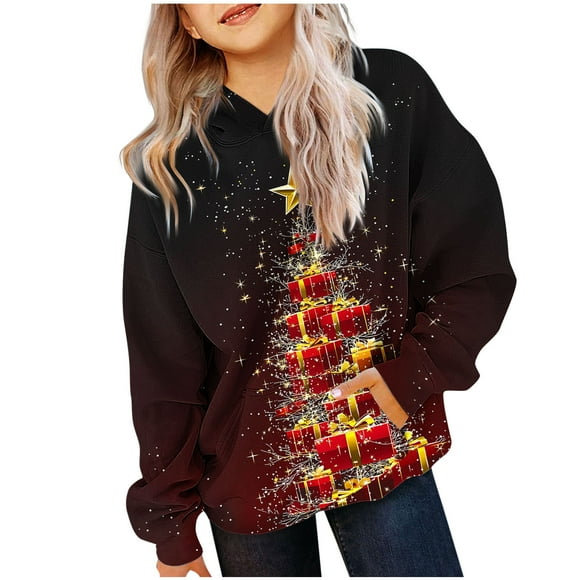 Boys Christmas Shirt Kids Long Sleeve Printed TShirt Boys Christmas Pattern Round Neck Hooded Sweatshirt Kids Christmas Shirt