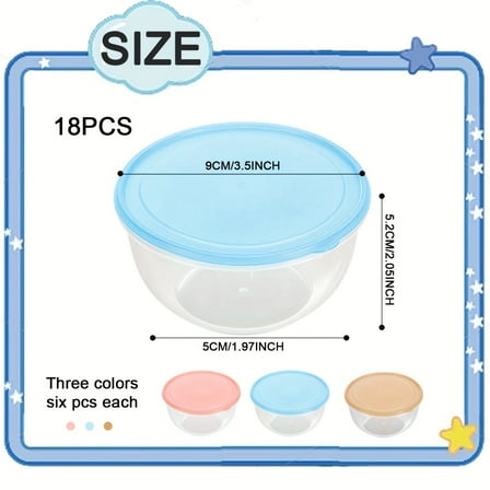 18pcs Small Plastic Food Containers with Lids, 6-Ounce Reusable Plastic Fro Takeout Storage Jars in 3 Colors