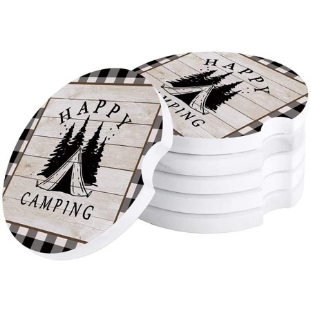 

FMSHPON Happy Camping Plaid Wood Grain Set of 2 Car Coaster for Drinks Absorbent Ceramic Stone Coasters Cup Mat with Cork Base for Home Kitchen Room Coffee Table Bar Decor
