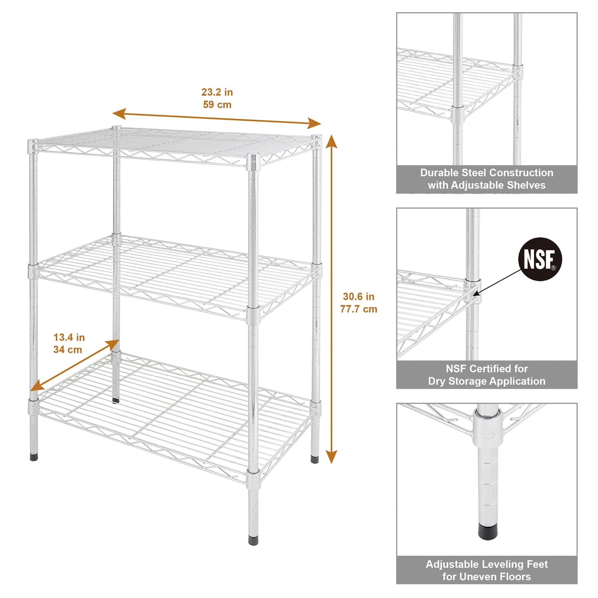 (3 pack) Hyper Tough 3-Tier Wire Shelving Rack, Chrome, 750 lbs Capacity