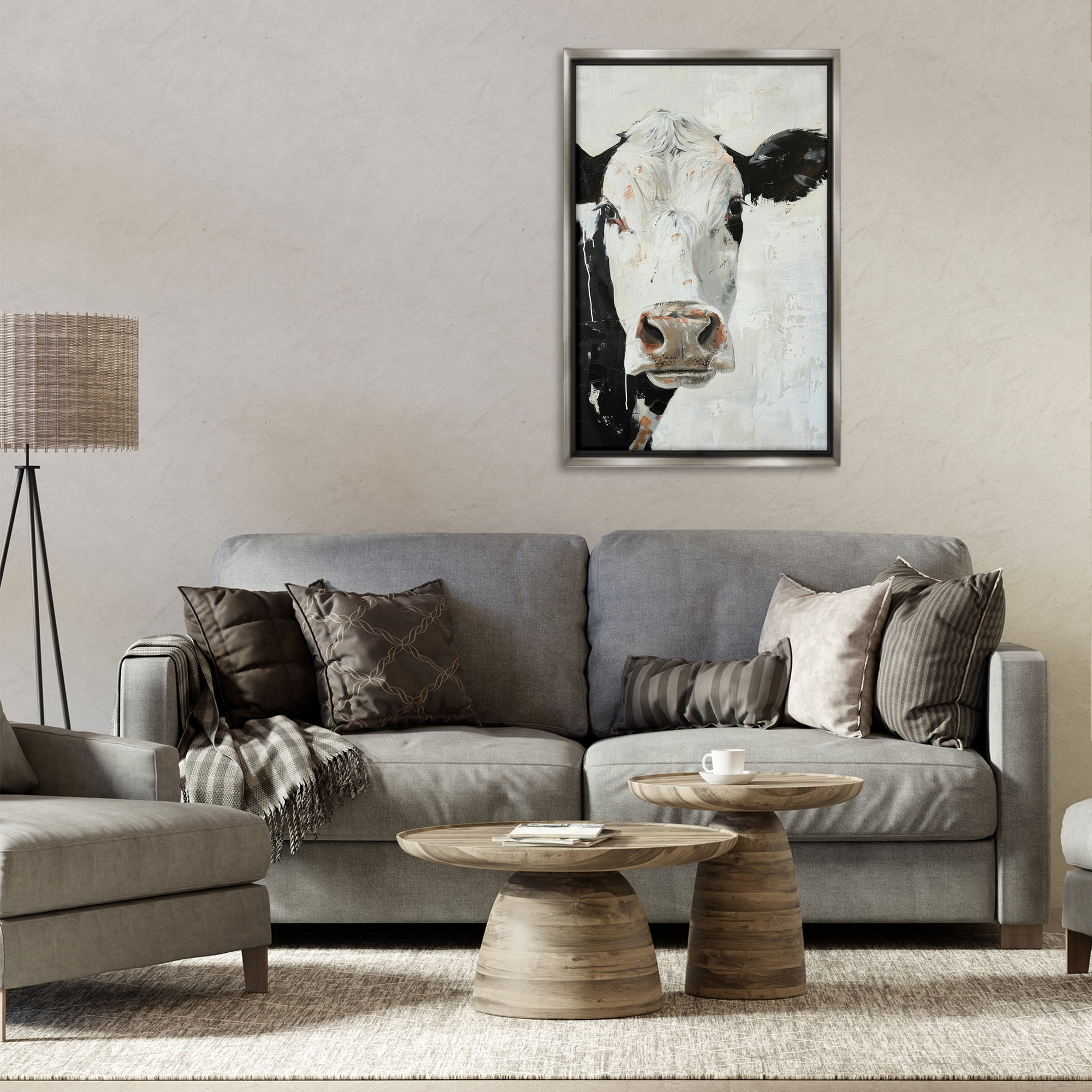 Stupell Industries Up Close Cow Animals & Insects Painting Gray Floater Framed Canvas Art Print Wall Art, 21 x 31