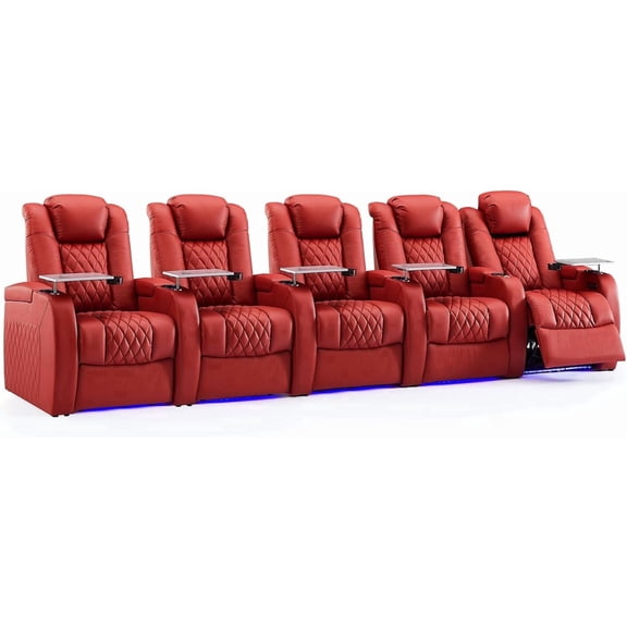 Weilianda Home Theater Seating Top Grain Leather Recliner Chair Dual Power Movie Gaming Sofa Electric Headrest with Tray Table Type-C USB Charge Cup Holders (Row of 5, Red)