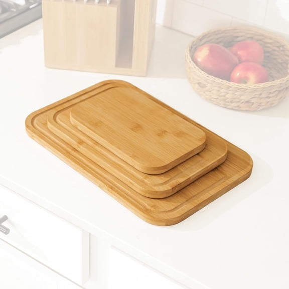 KitchenEdge Bamboo Wood Cutting Board Set of 3, Juice Groove and Non-Slip Rubber feet, Thick Wood Trays, Heavy Duty Construction, Pre Oiled (9x6, 12x8, 15x10 inch)