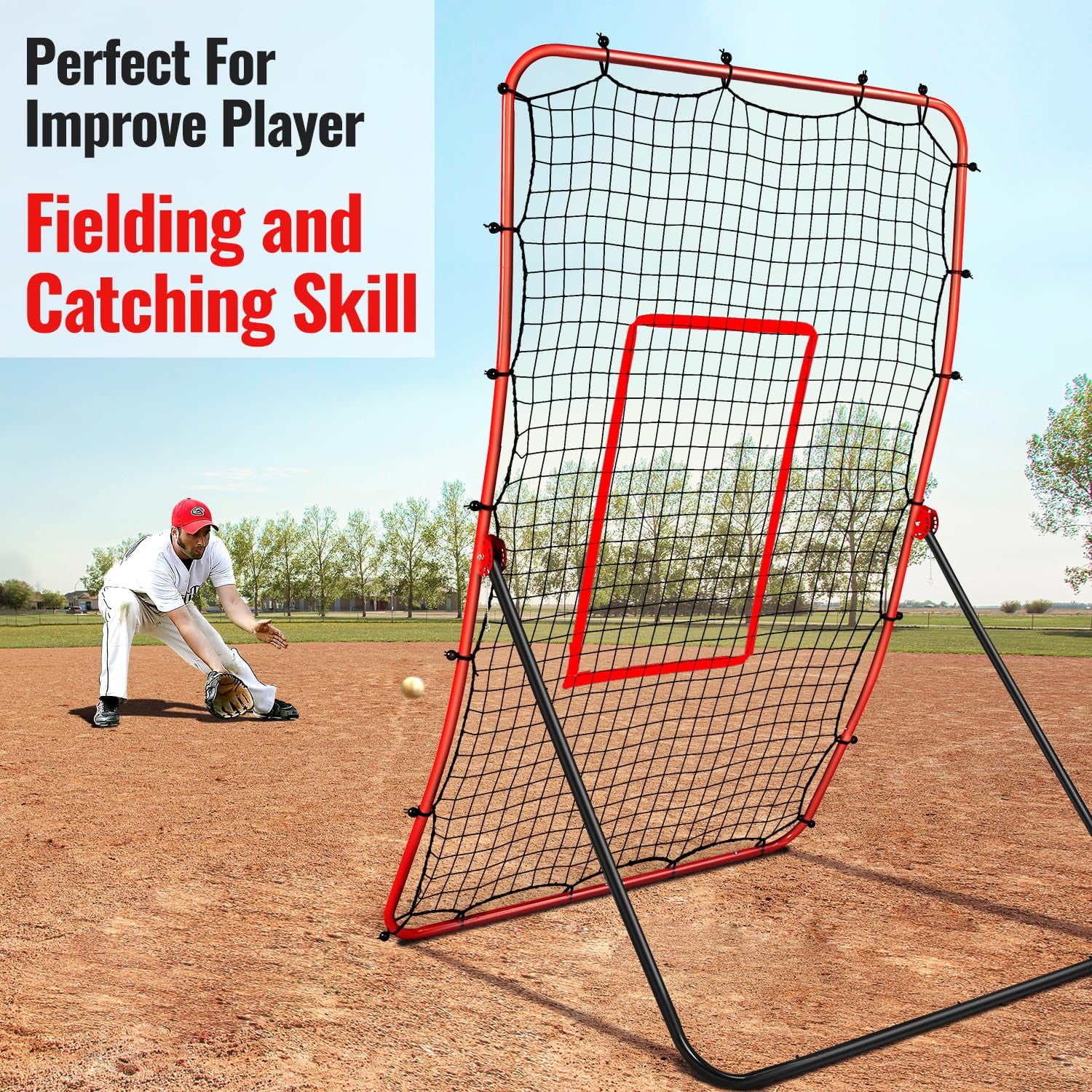 FITPLAY Baseball Rebounder Net + Pitchback Net, 68" x 44" Angle Adjustable Pitch Trainer Simulate , Easy-Fold Design