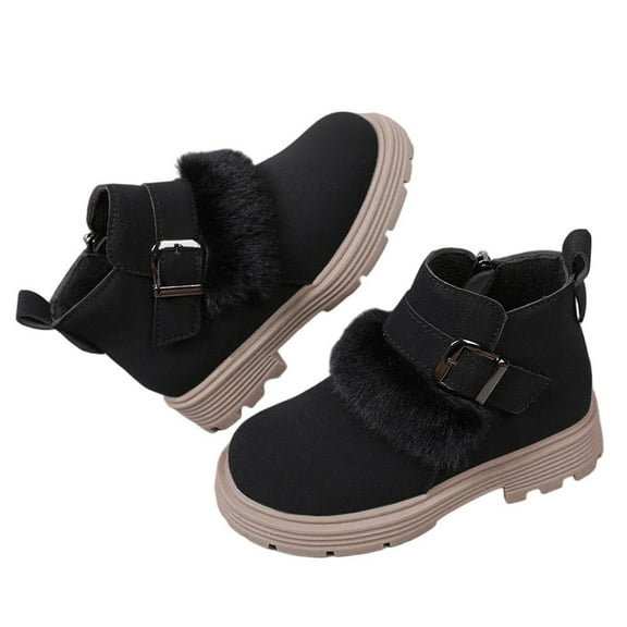 Girls Faux Suede Boots, Plush Ankle Boot with Adjustable Strap Buckle, Warm Snow Shoes Low Heeled Lug Sole Boots Kids Snow Boot Non-Slip Side Zipper Riding Booties Winter School Shoes