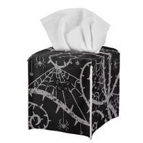 Psesaysky Tissue Box Cover Waterproof, Black Spider Web Square PU Leather Tissue Box Holder, Halloween Facial Paper Organizer Dispenser for Bathroom, Car, 5.1''X5.1''X5.5''