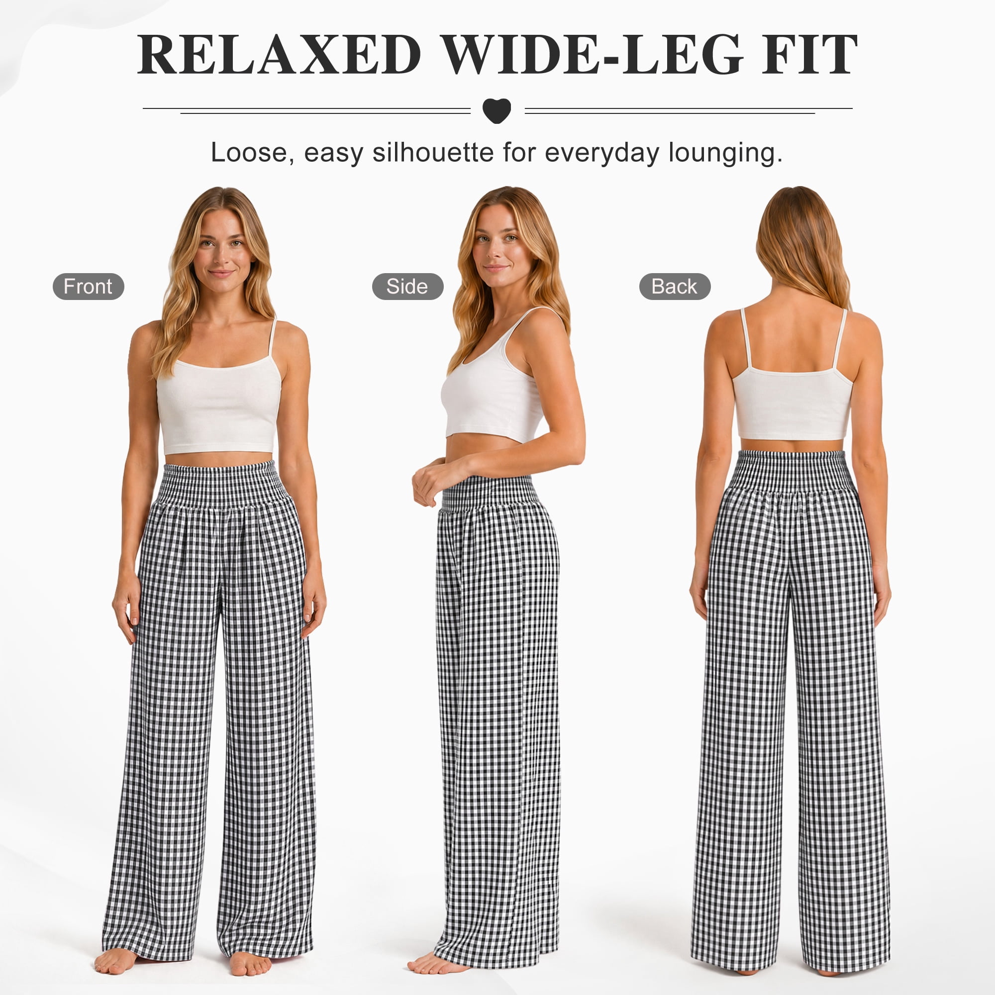 DAKIMOE Pajama Pants Women Palazzo Pants High Waisted Gingham Stripe Lounge Pants Wide Leg PJ Bottoms for Women Valentine's Day