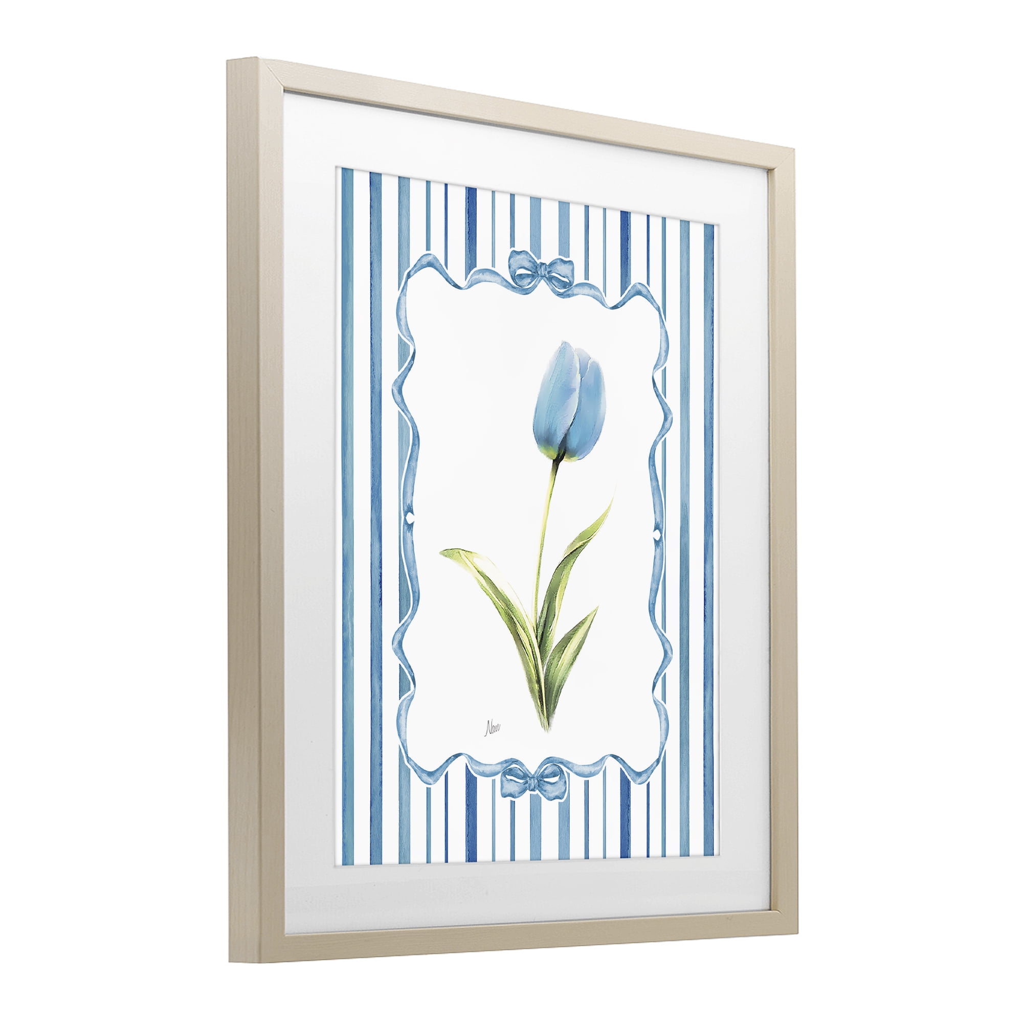 Stupell Industries Blue Tulip & Ribbon Border Birch Framed Print Under Glass, design by Nan