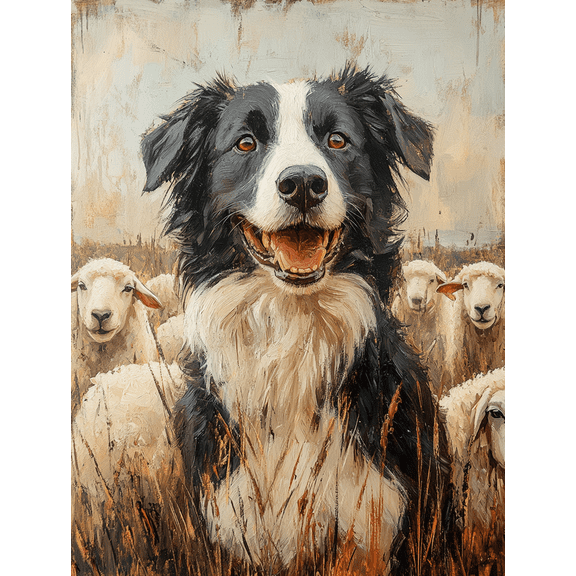 Qisvanset 12x16 Inch Framed Canvas Wall Art Border Collie Herding Sheep Vintage Farmhouse Animal Art