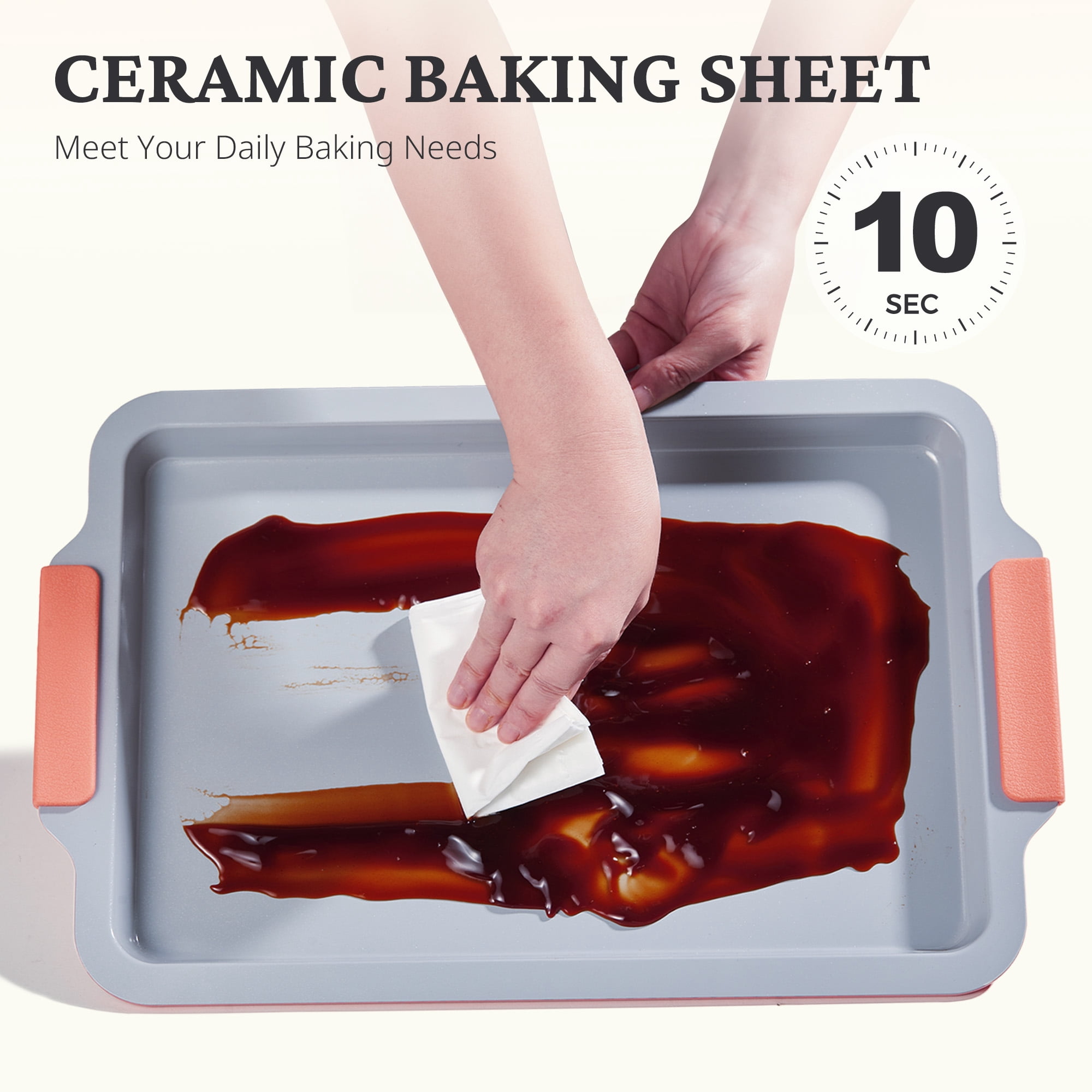 HONGBAKE Non Toxic Ceramic Cookie Sheets for Baking, 3-piece Non Stick Baking Sheet Pans for Oven, Heavy Duty Aluminized Steel Baking Pans Set with Silicone Handles -Orange