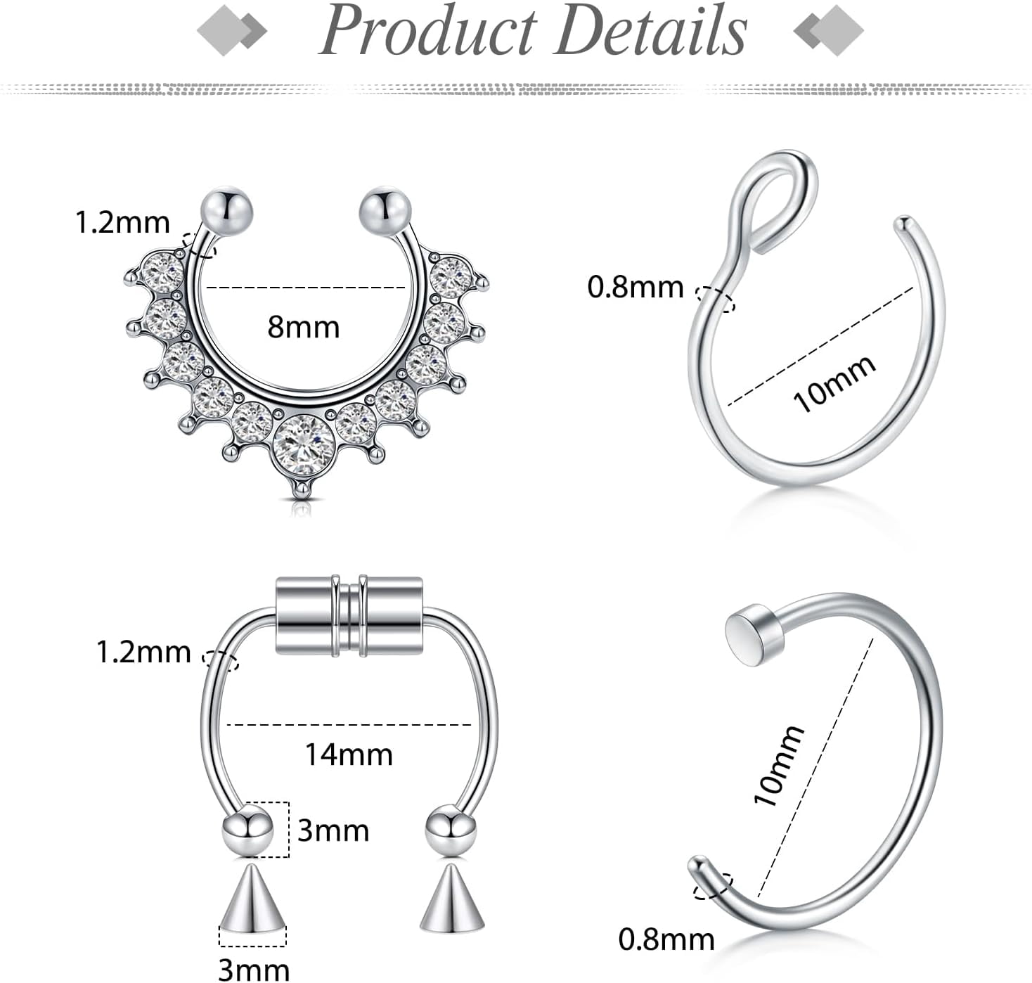 Fake Piercings Eyebrow Ring Fake Lip Labret Studs Replacement Balls Spike with 100Pcs Sticker Non-Piercing
