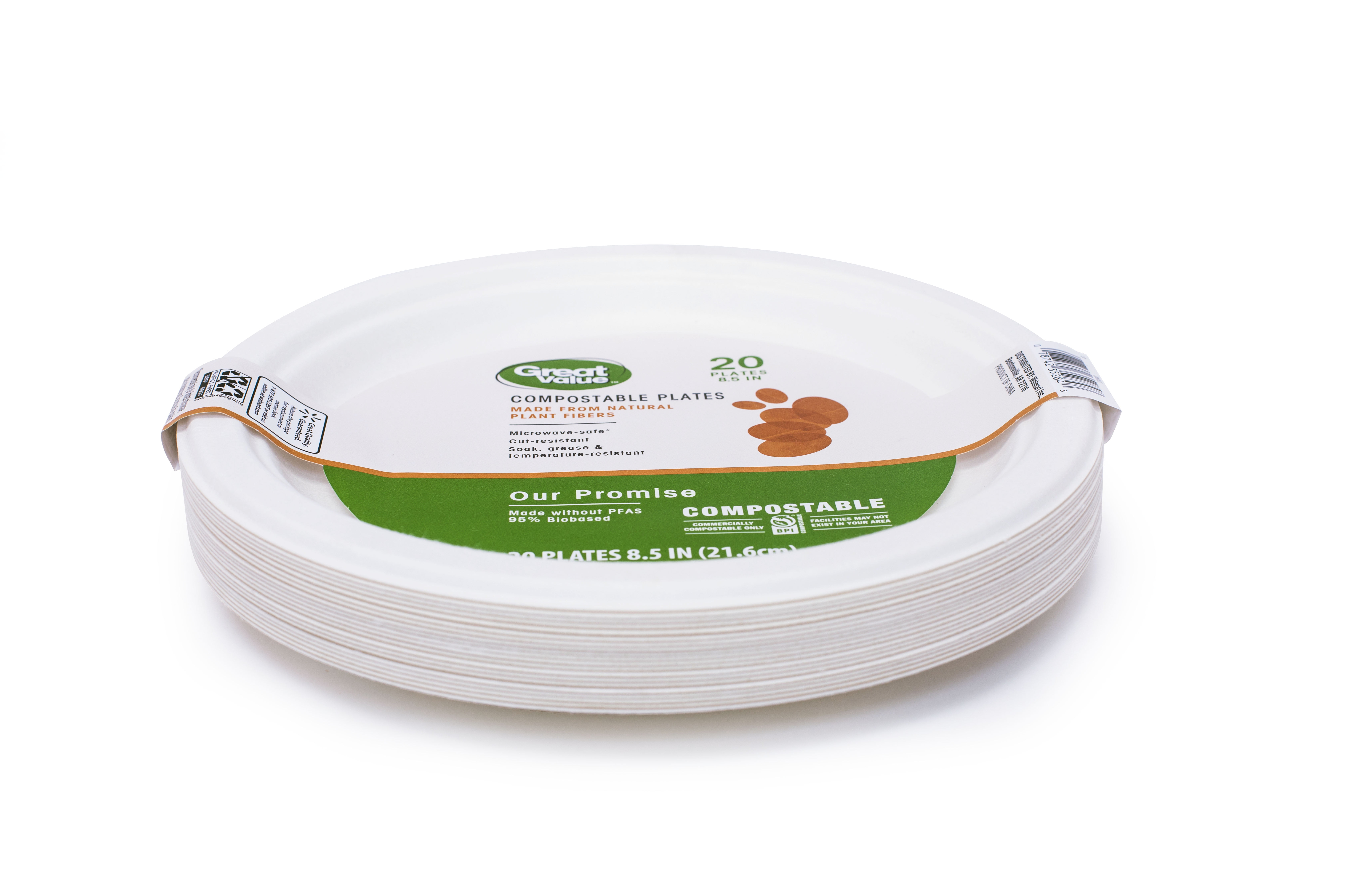 Great Value Compostable Disposable Paper Plates, 8.5", White, 20 Count