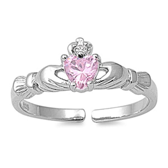 Heart Solitaire Claddagh Pink CZ Clear CZ .925 Sterling Silver Toe Ring Female